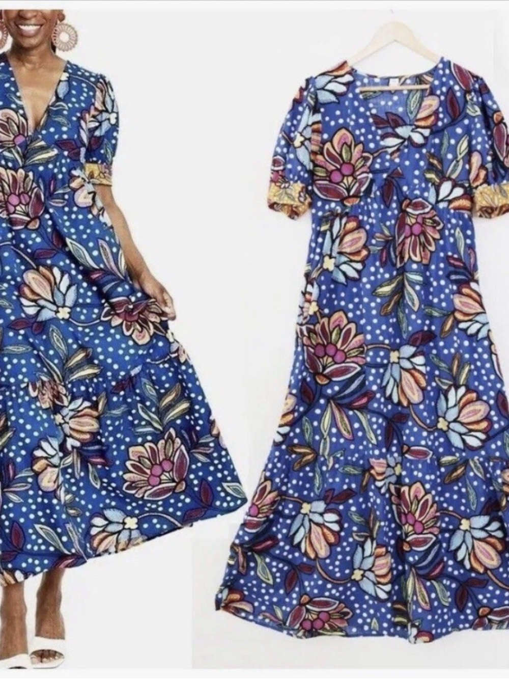 NWT Tabitha Brown Target Blue Polka Dot Floral Puff Sleeve Maxi Dress - 0